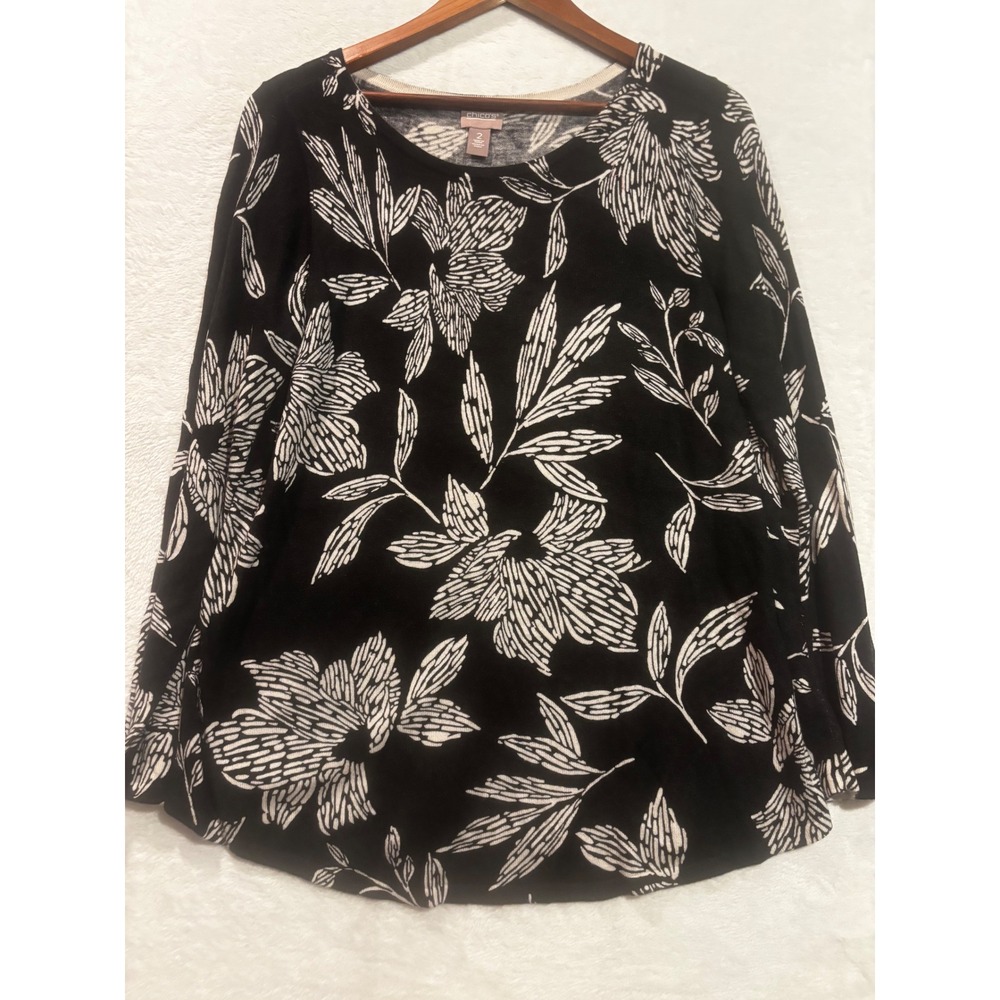 NEW Chico's Sweater Women's Floral Sweater Pullover Black White Cashmere Blend 2